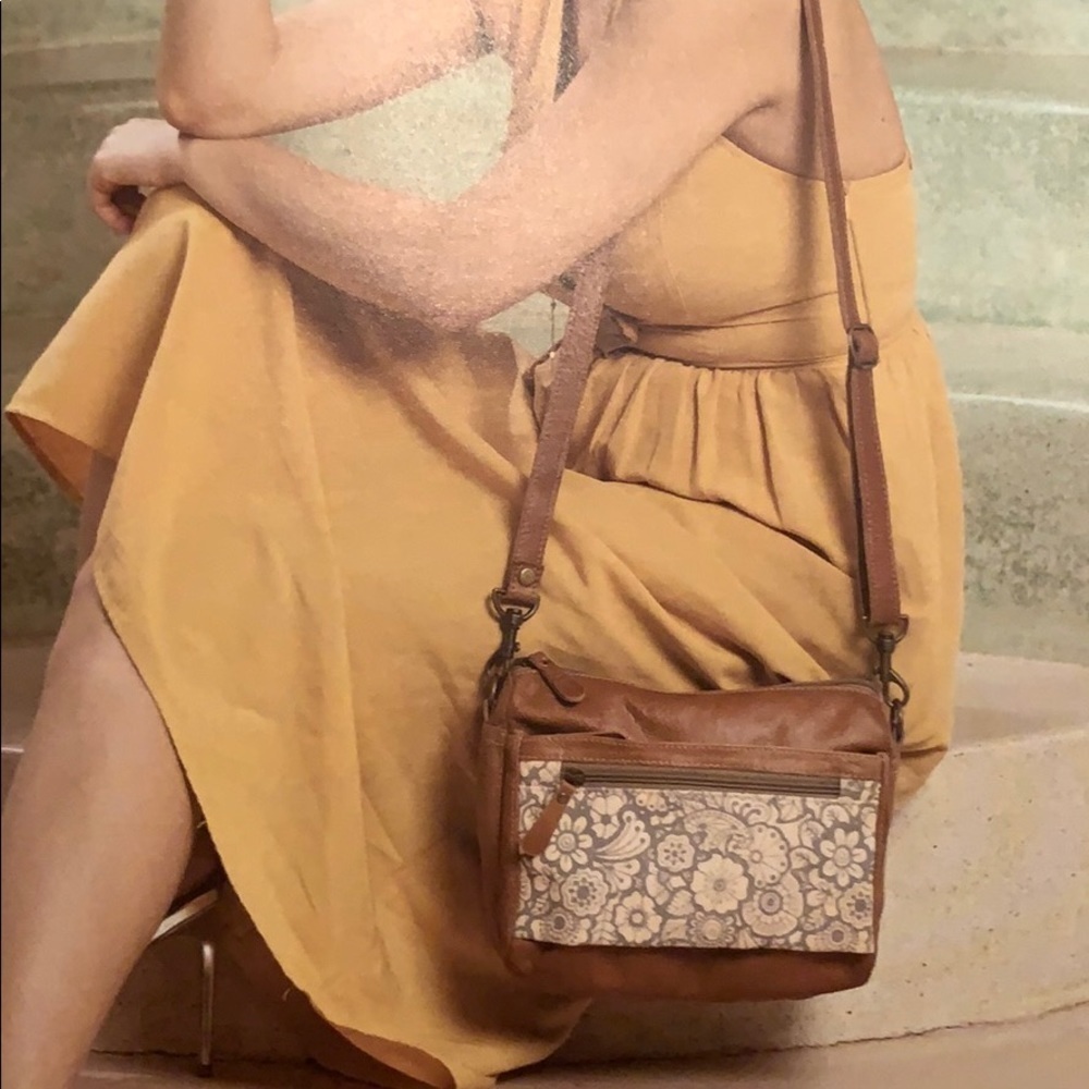 Peach canvas, Brown leather front, canvas back bag